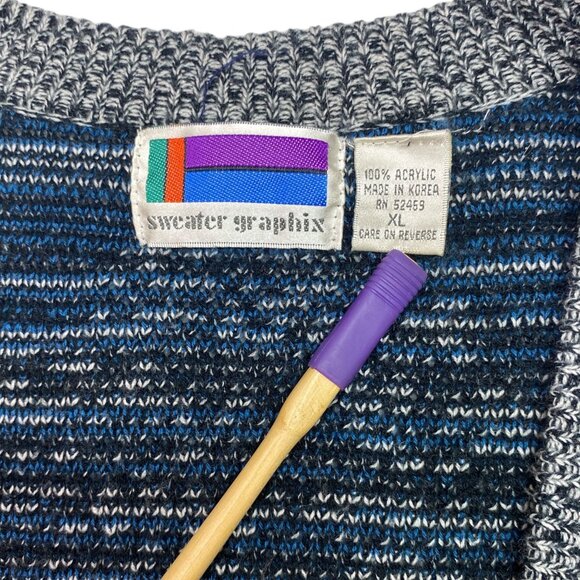 Vintage Sweater Graphix Blue Gray Geometric Cardigan Retro Mens XL Grandpacore - Picture 3 of 16